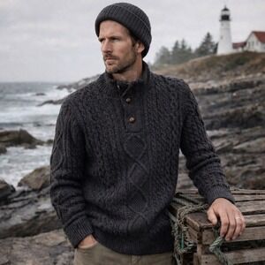 Barbour Sweater Mens Medium Charcoal Grey Fisherman Wool Cable Knit